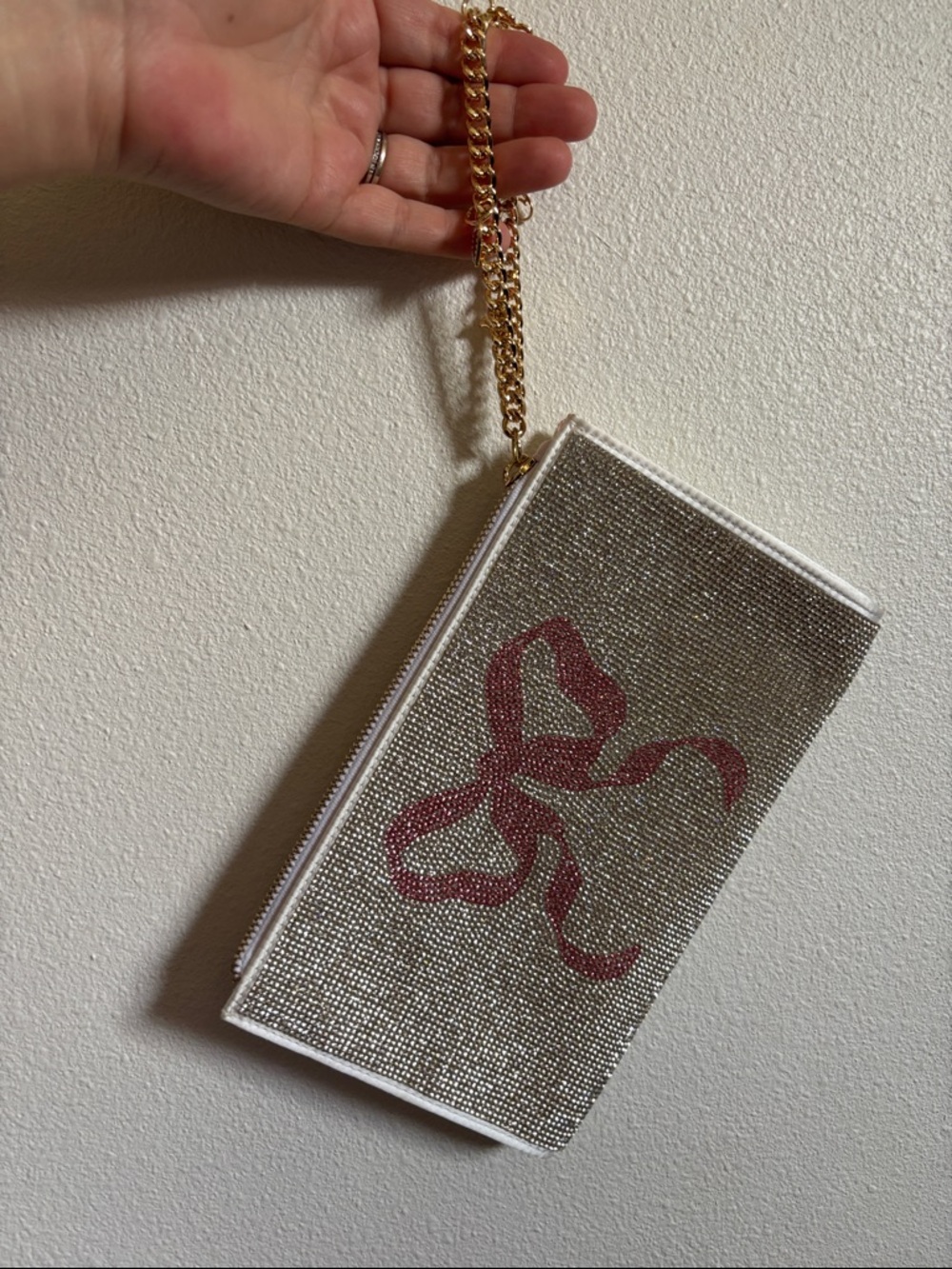 LoveShackFancy x VS Pink Crystal Bow Wristlet in Pink and White with Gold Chain